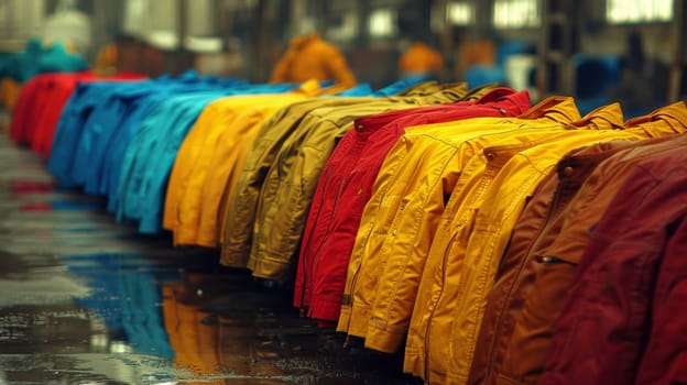 A row of jackets lined up on a wall in the rain