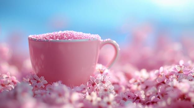A cup of pink liquid in a field with flowers