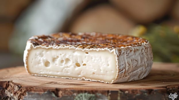 A piece of a cheese is sitting on top of some wood