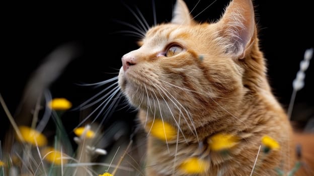 A cat looking up at the sky with yellow flowers in front of it