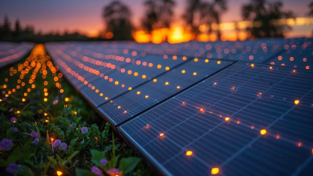 A row of solar panels with lights on them in the field