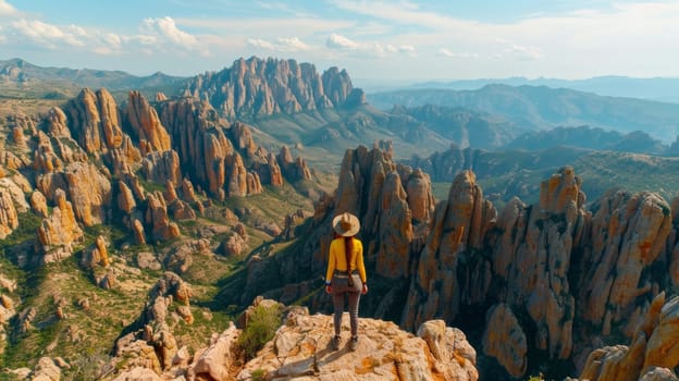 A woman standing on top of a mountain looking out over the valley