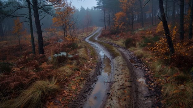 A muddy road in the woods with trees and grass