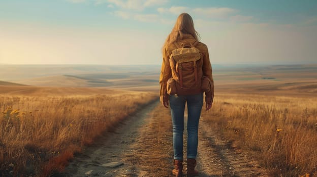 A woman with a backpack walking down the middle of an empty field