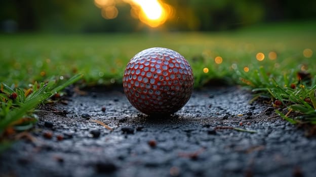 A red golf ball sitting on top of a hole in the ground