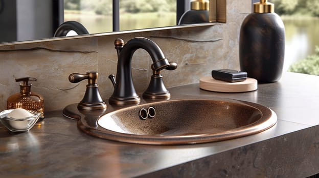 A bathroom sink with a copper finish and soap dispenser