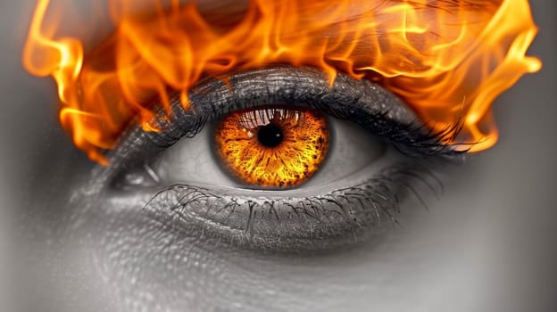 A close up of a eye with fire in it
