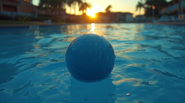 A blue ball floating in a pool with sun setting behind it
