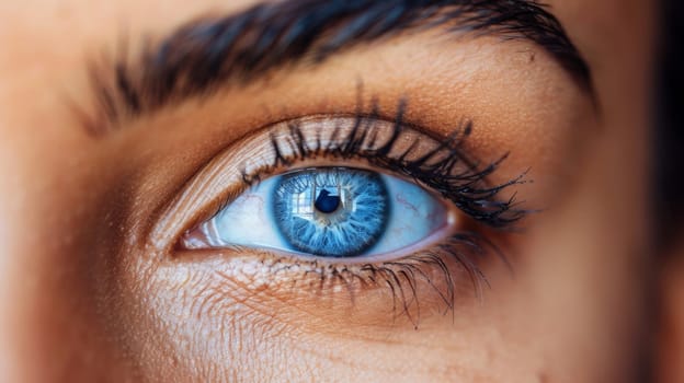 A close up of a woman's eye with blue eyes