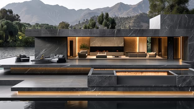 A modern house with a fireplace and seating area by the water