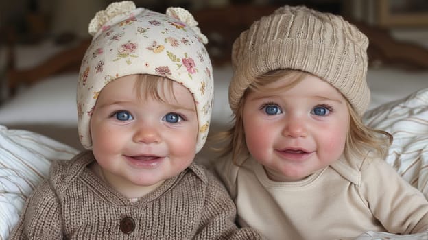 Two small children wearing hats and sweaters sitting on a bed