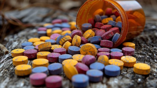 A pile of colorful pills spilling out from a bottle on the ground