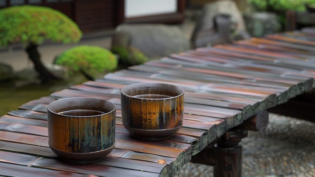 Two cups sitting on a wooden table with some trees in the background
