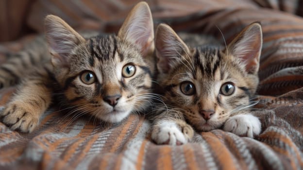 Two kittens laying on a blanket with their eyes open