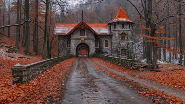 A castle-like building with a bridge in the middle of an autumn forest