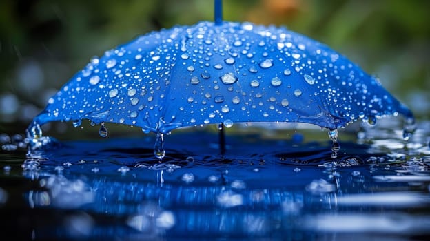 A blue umbrella with water droplets on it sitting in the middle of a body of water