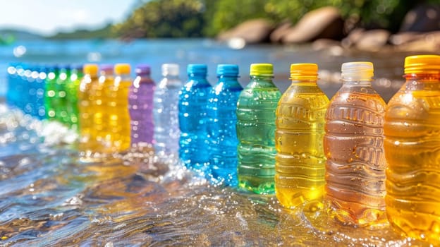 A row of colorful bottles lined up in the water