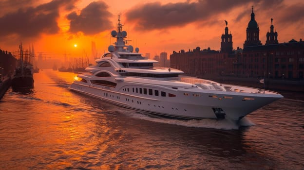 A large white yacht traveling down a river at sunset