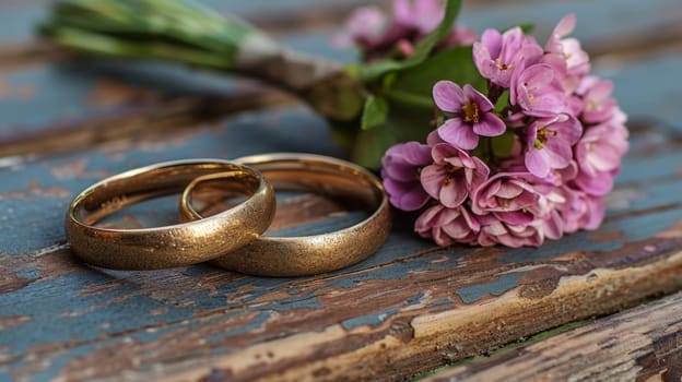 Two gold wedding rings sitting on top of a wooden table