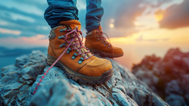 A person wearing hiking boots standing on top of a rock