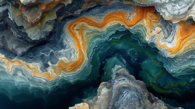 A close up of a colorful rock formation with orange and yellow swirls