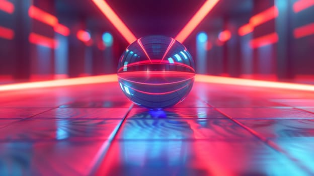 A glass ball is sitting on a tiled floor with neon lights