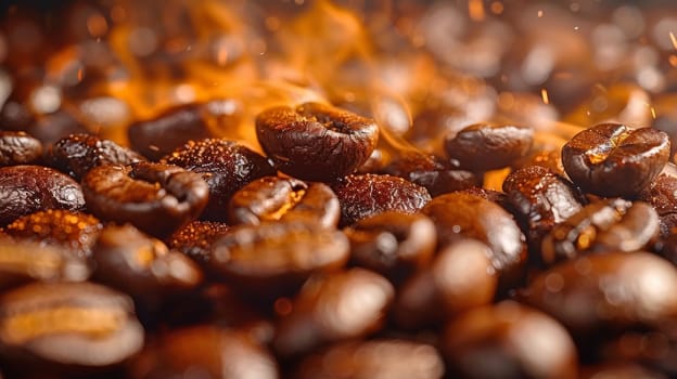 A pile of coffee beans are burning in a fire