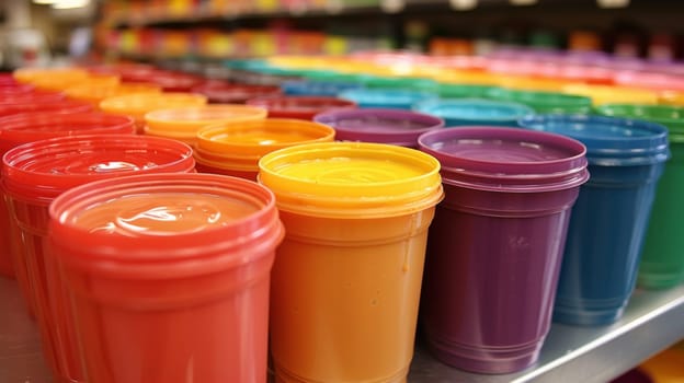 A row of colorful cups sitting on a shelf in the store