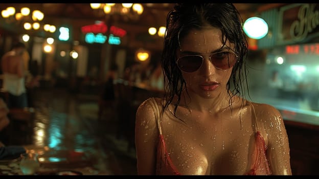 A woman in a bar wearing sunglasses and wet hair