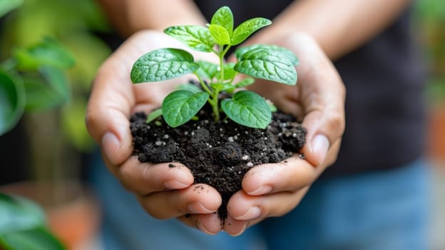 A person holding a small plant in their hands with dirt