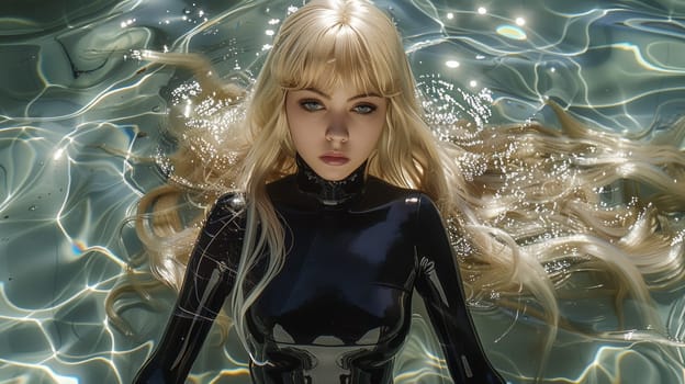 A woman with blonde hair in a black suit floating on water