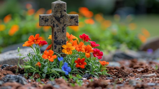 A cross with flowers in the ground near it