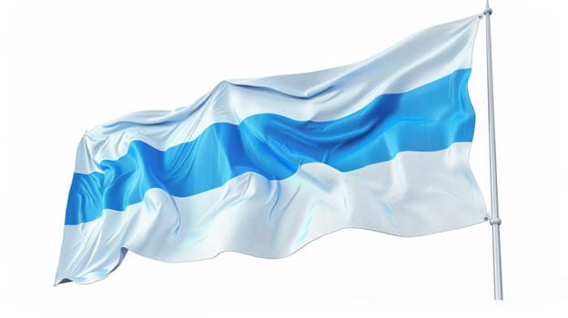 A blue and white flag waving in the wind on a pole