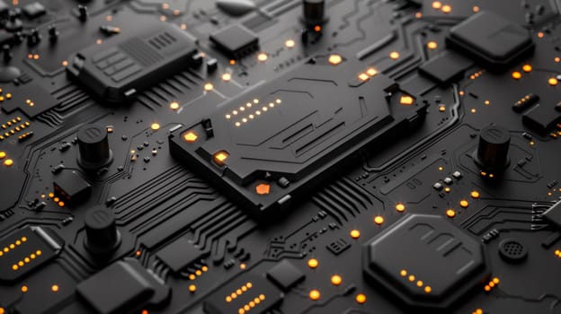 A close up of a circuit board with orange lights on it