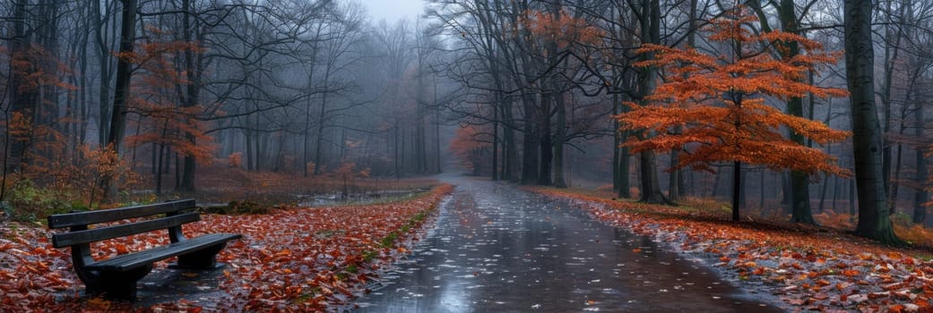 A bench in the middle of a forest with leaves on it