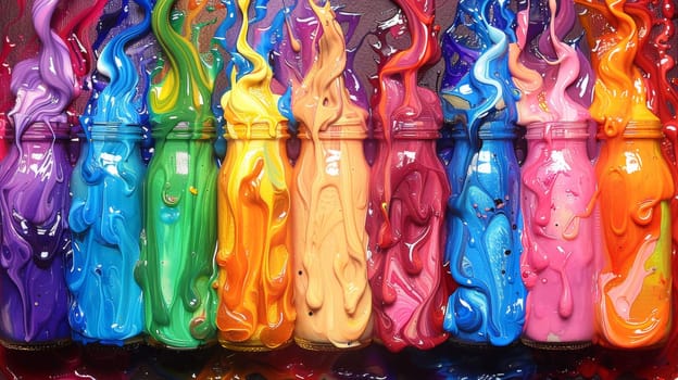 A row of colorful bottles with liquid flowing out from them