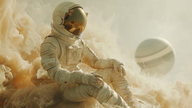 A man in an astronaut suit sitting on a cloud of dust