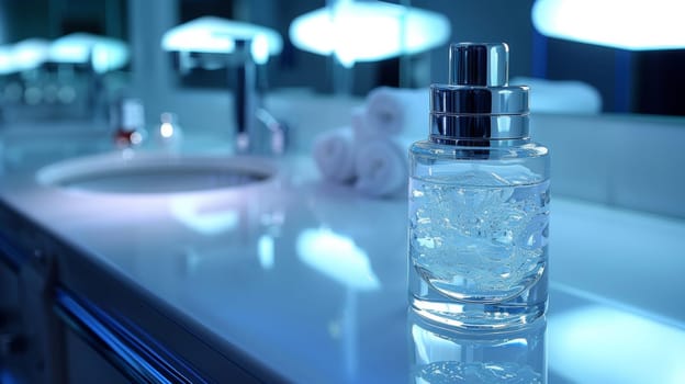 A bottle of perfume sitting on a counter next to some sinks