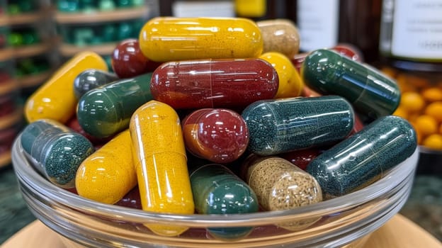 A bowl of colorful pills in a glass container on display