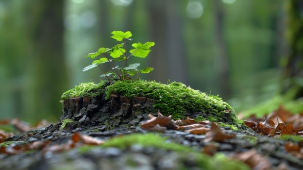 A small plant growing on a stump in the middle of some moss