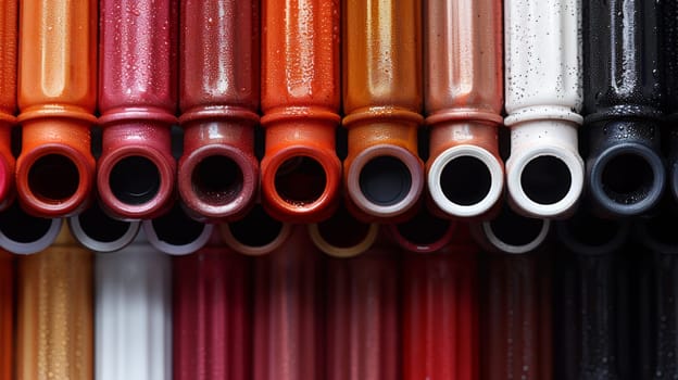 A row of tubes with different colors and sizes in a display