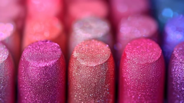 A close up of a row of pink and blue glittery lipsticks