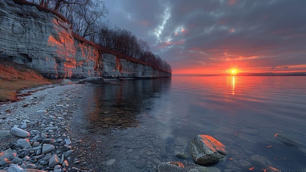 A sunset over a body of water with rocks and trees