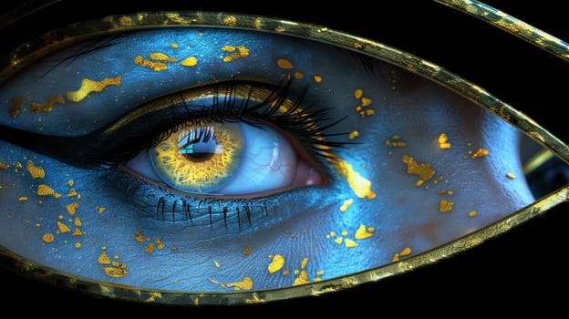 A close up of a blue eye with gold paint on it