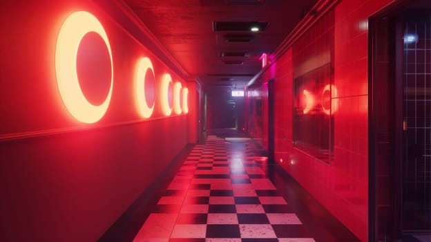 A hallway with red lights and checkered flooring in a building