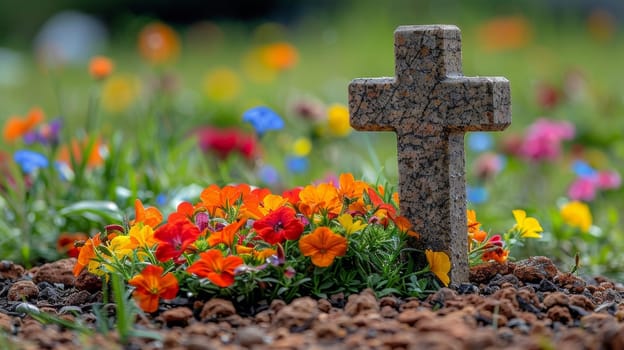 A stone cross in a flower bed with colorful flowers
