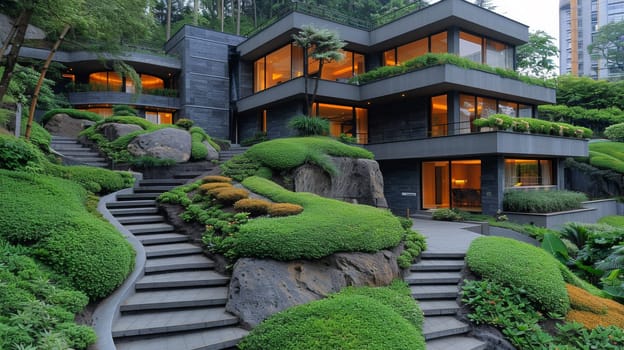 A house with a lot of stairs and grass on the side