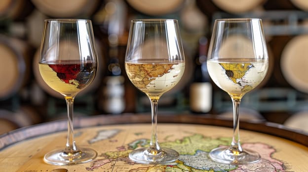 Three wine glasses with maps of the world on them