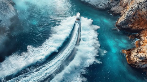 A boat traveling through a body of water with rocks in the background