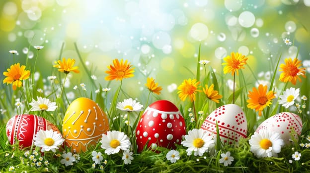 A group of easter eggs and daisies in a field